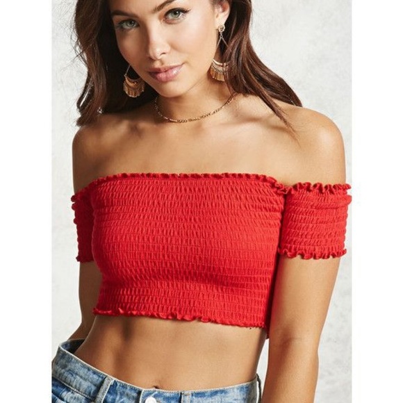 red smocked tube top
